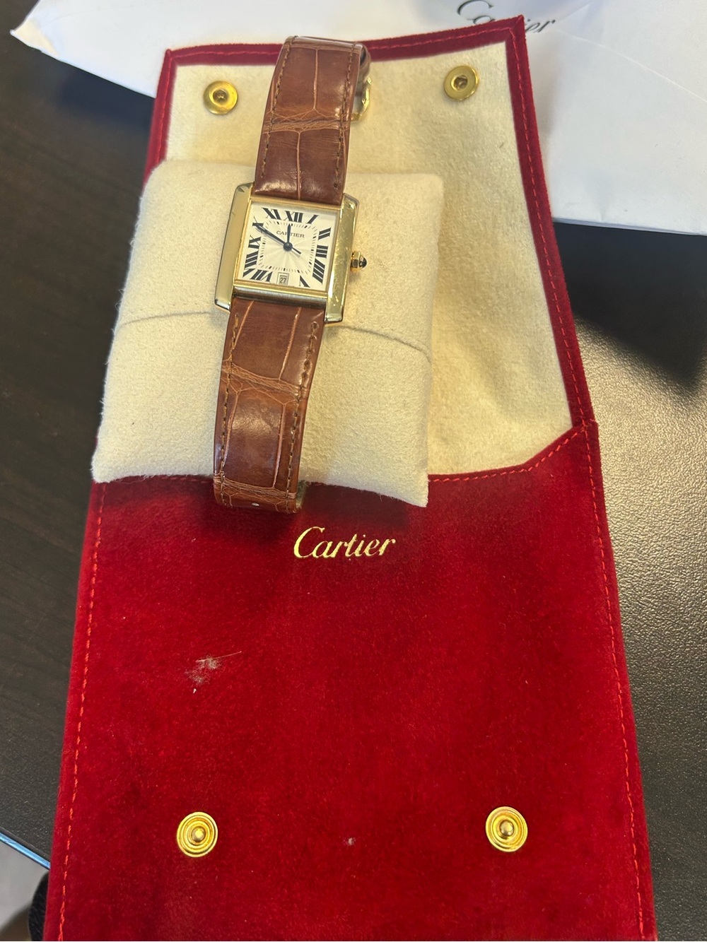 Unisex Cartier 18k Gold Tank Watch with Brown Leather Strap